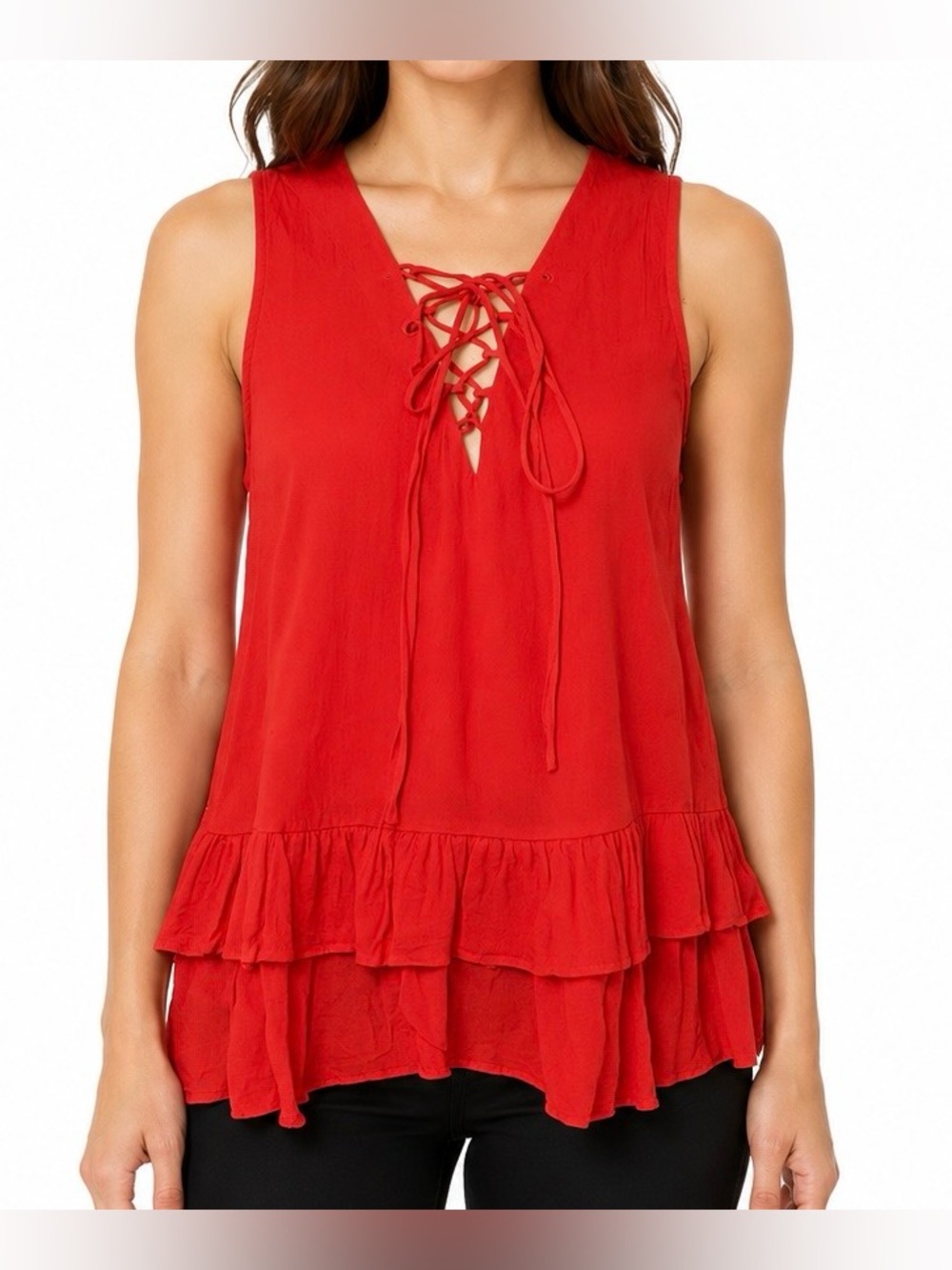 Ro & De Red Lace-Up Peplum Tiered Ruffle Tank Top Small